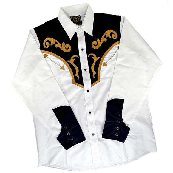 Espuela de Oro Vintage White & Black Western Shirt with Leather Trim - Picture 2 of 6